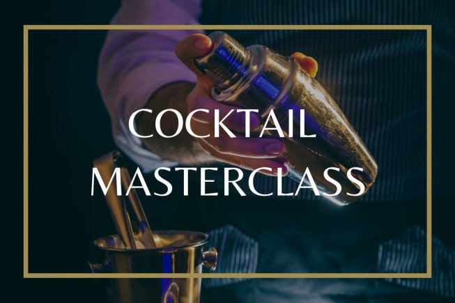 Person shaking a cocktail shaker over a mixing glass, with the words "COCKTAIL MASTERCLASS" overlaid.