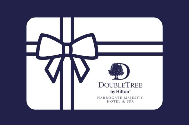 A white gift card illustration with a dark ribbon bow and the DoubleTree by Hilton Harrogate Majestic Hotel & Spa logo.
