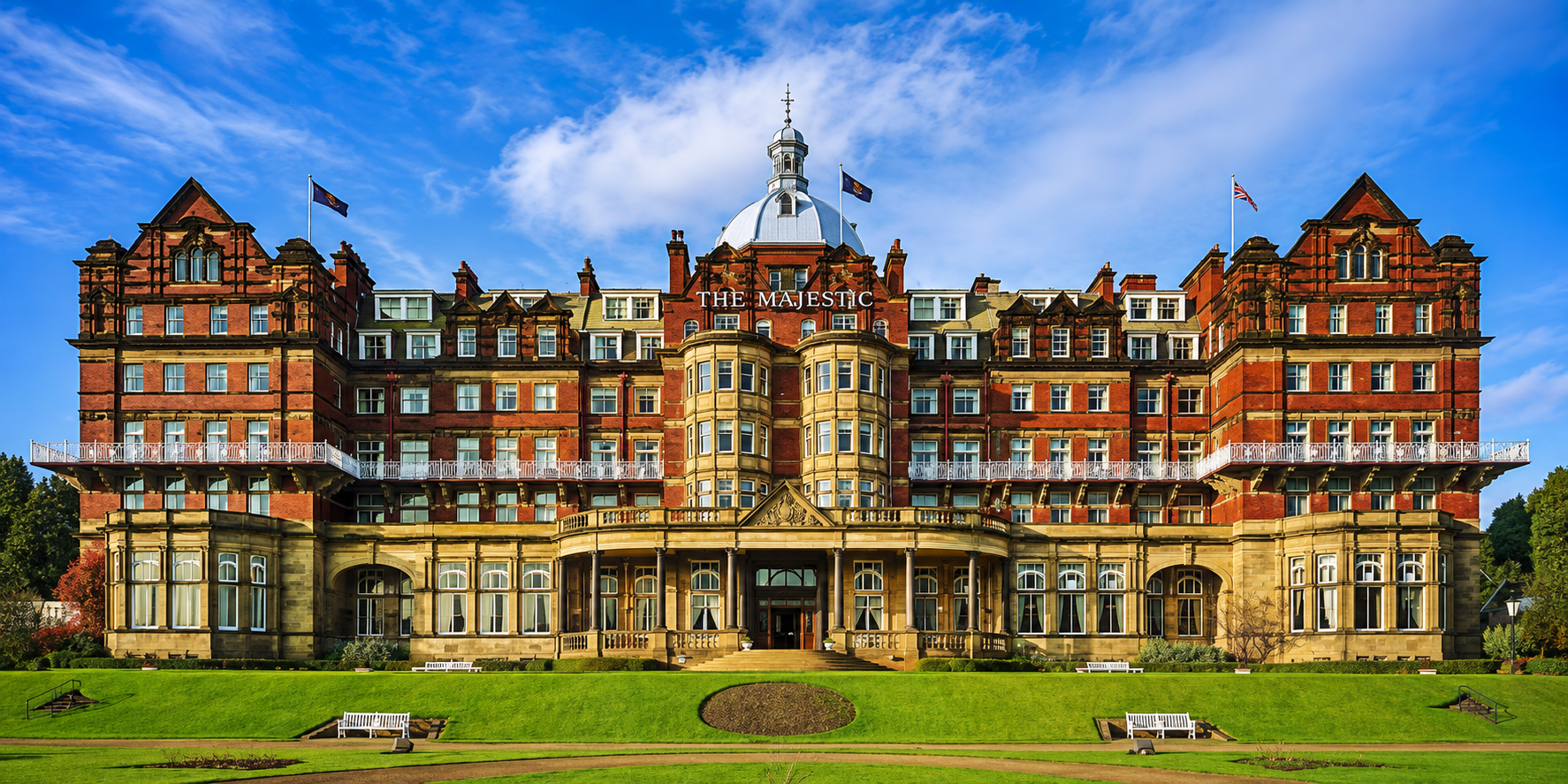 Large historic red-brick hotel building with a central dome, symmetrical wings, and a manicured green lawn in front.