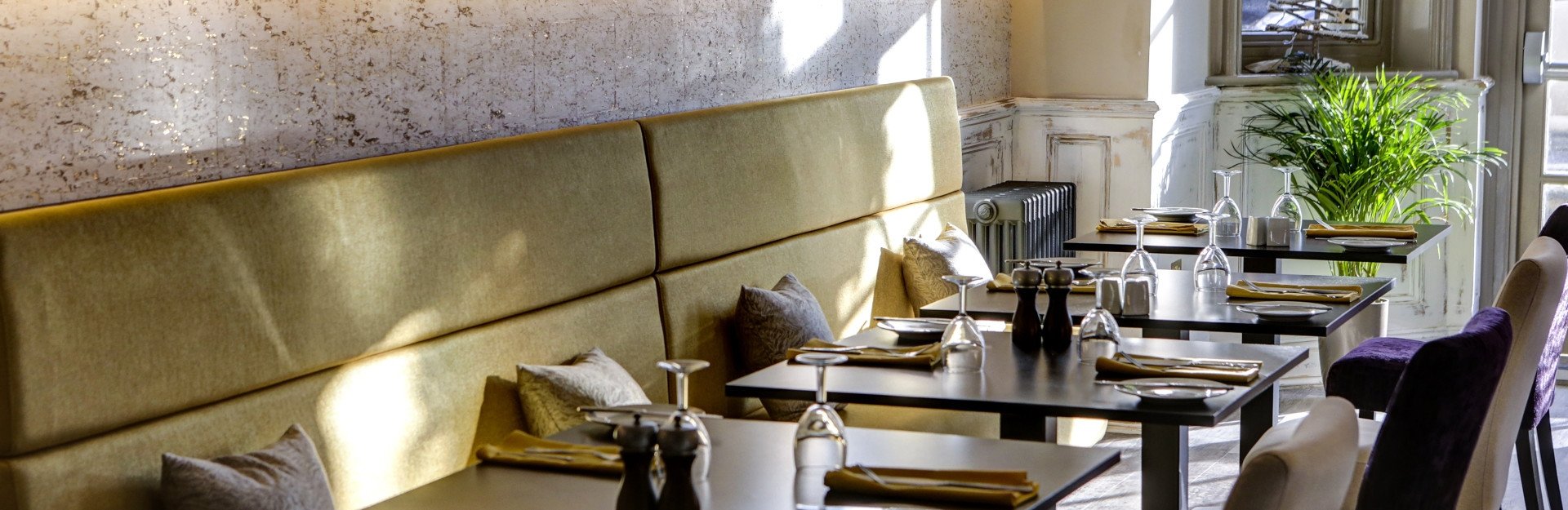 Sunlit restaurant dining area with set tables, upholstered banquette seating, and a potted plant near the window.