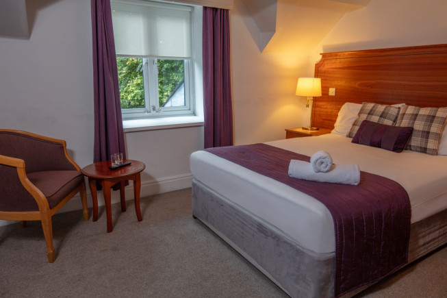 A hotel bedroom with a double bed, purple accents, a bedside lamp, a window with curtains, and a chair with a small table.
