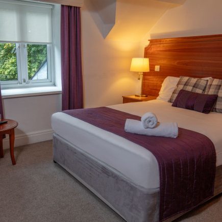A hotel bedroom with a double bed, purple accents, a bedside lamp, a window with curtains, and a chair with a small table.