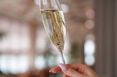 A hand holding a champagne glass filled with bubbly drink.
